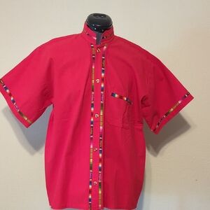 Artisan MexicaHandmade Guayabera Vibrant Red Men's Shirt with Multicolor Accents